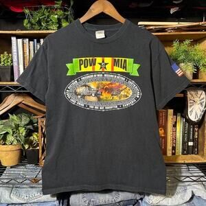 Vintage POW MIA Military Tee Shirt Mens Medium Black Double Sided Memorial Shirt